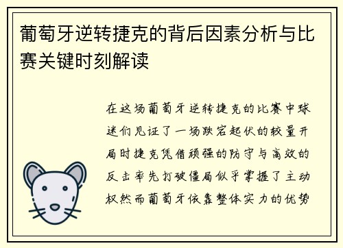 葡萄牙逆转捷克的背后因素分析与比赛关键时刻解读