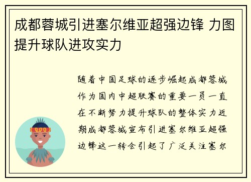 成都蓉城引进塞尔维亚超强边锋 力图提升球队进攻实力